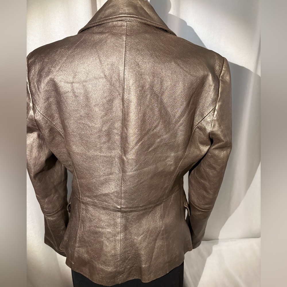 Worthington Metallic Lambskin Genuine Leather Blazer Y2K Glam Statement Jacket - Picture 7 of 12